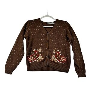 Villager PM Brown Ramie Blend Knit Cardigan Paisley Embroidered Liz Claiborne